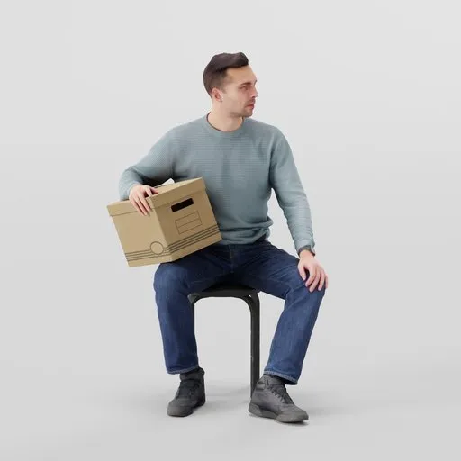 Realistic 3D male model in casual attire with cardboard box for Blender rendering.