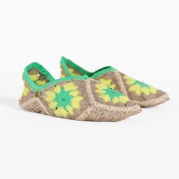 "Discover our 8k photoscanned Knitted Green Socks Slippers Shoes 3D model, perfect for Blender 3D software. The shoes feature a charming flower pattern and volumetric wool felting in a beautiful olive green shade. Created with attention to detail, this model is perfect for your footwear collection."