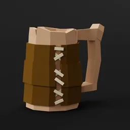 Stylized low-poly 3D wooden beer mug model with laces, optimized for Blender use in pirate-themed renders.