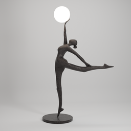 "Organic polycarbon long floor lamp shaped as a jumping ballerina woman holding a sphere, designed by a famous artist. The lamp features centered rim lighting and energy-filled design. Ideal for any modern interior."