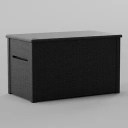 Detailed 3D render of a large, black woven texture outdoor storage box, optimized for Blender use.