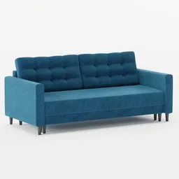 Realistic 3D model of a tufted, blue fabric sofa with metallic legs, rendered in Blender.