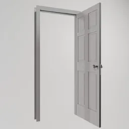 "Realistic American door with metal handle for Blender 3D scene. Ultra high-quality stock picture in a white room with floating particles. Perfect for architectural visualization projects."