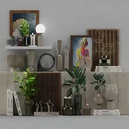 "Get inspired by our trendy photo 3D model decoration set for Blender 3D, featuring wooden shelves adorned with various plants and vases. This high-quality 3D model set is inspired by Louise Nevelson and Pieter Aertsen, and rendered with octane for moody neutral hipster tones. Perfect for interior design and artistic projects, download now from BlenderKit."