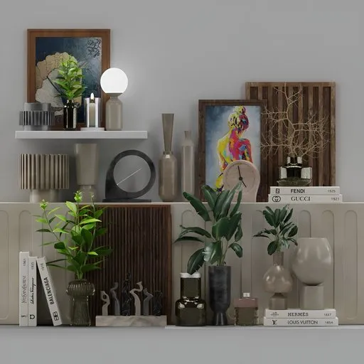 Detailed 3D-rendered decoration set featuring vases, plants, and frames optimized for Blender.