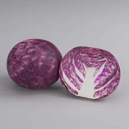 "Handmade high-poly red and purple cabbage 3D models for Blender 3D, complete with cut versions and decimate mods. Perfect for fruit and vegetable renders, with ultra-detailed accuracy inspired by Ladrönn and created by talented Blender artists Felix-Kelly and Tataru."