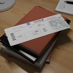 "Highly detailed 3D model of a Qatar Airways boarding pass for Blender 3D. Realistic render with Vray, featuring a stack of books with the boarding pass on top, heavy depth of field, and intricate textures. Perfect for aircraft enthusiasts and 3D designers in need of a low poly, customizable asset pack."