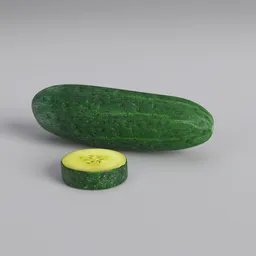 Detailed 3D cucumber model with sliced section, highpoly, realistic texture, great for Blender renderings.