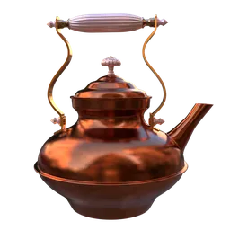 "Metallic vintage kettle with a pearl-like handle and screws, created in Blender 3D. Rendered in the Arnold engine, inspired by Osman Hamdi Bey, with warm shiny colors and rising steam. Perfect for your container 3D modeling needs."