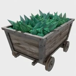 3D render of a wooden mining cart filled with crystalline gems, suitable for Blender animation.