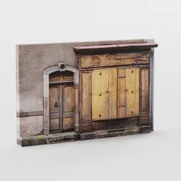 "Rustic Building Front - Historic 3D model for Blender 3D. Low-poly and game-ready, featuring a detailed door and window on an old wall. Perfect for creating an old magical shop or a wooden toilet scene."