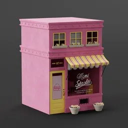 Detailed pink 3D barbershop model with striped awning, plants and Blender-ready textures.