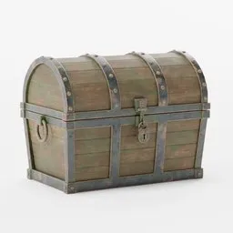 Detailed 3D model of a vintage wooden treasure chest with metal bands and lock, ideal for Blender rendering.