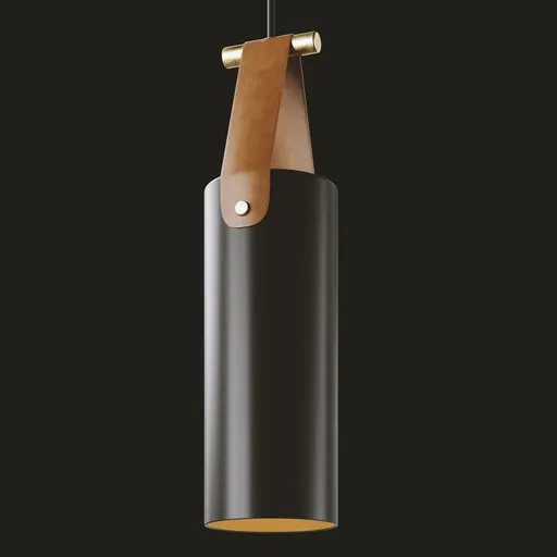 3D modeled minimalist pendant lamp with pronounced metal accents and leather strap, compatible with Blender.