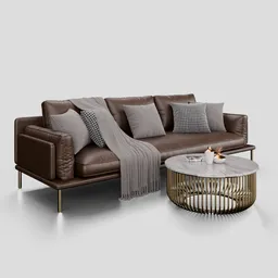 Realistic Blender 3D model of a leather sofa with matching coffee table, customizable colors, modern design.