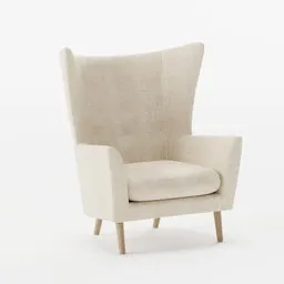 High-quality 3D model of a beige high-back armchair with wooden legs, ideal for Blender 3D projects and interior design.