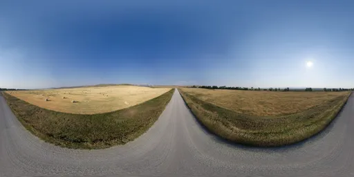 Panoramic HDR image of a scenic dirt road amidst golden farm fields under a blue sky for realistic lighting in 3D scenes.