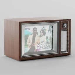 Realistic 3D render of a vintage wooden television with a screen displaying an image, suitable for Blender 3D projects.