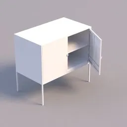 Detailed 3D render of a white minimalist storage cabinet with an open door, resembling Ikea-style furniture, created in Blender.