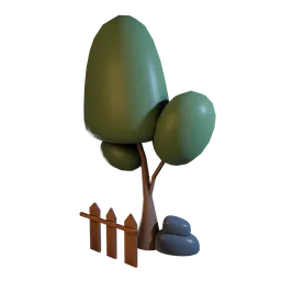 Lowpoly 3D fantasy tree model with stylized design for Blender, perfect for cityscape scenes, using PBR textures.