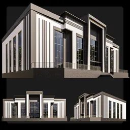 Isometric view of a modern 3D office building model with sleek design, suitable for Blender renderings.