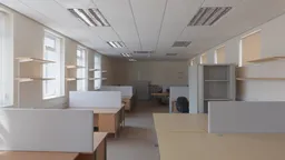 Realistic office environment HDRI for 3D scene lighting with desks, cubicles, and fluorescent lights.