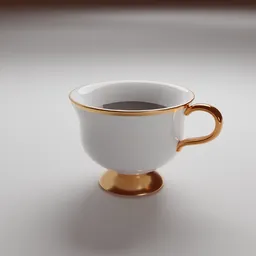 Elegant 3D-rendered coffee cup with golden trim, designed for use in Blender modeling projects.