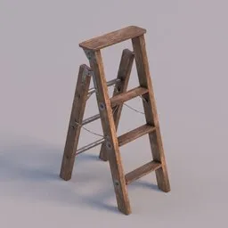 Realistic 3D model of vintage wooden stepladder with aged texture, perfect for Blender rendering and architectural visualization.