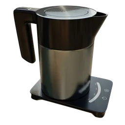 Realistic Blender 3D model of an electric kettle with anisotropic brushed steel texture, plastic handle, and base.