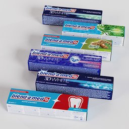 "Six pack of Blend-a-med toothpaste packages in a clean, medical environment. Realistic 3D render with a blue color scheme and symmetrical layout."