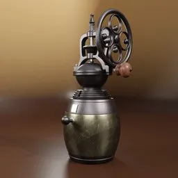 "Cast iron and aluminum manual coffee grinder 3D model for Blender 3D. Compatible with Cycles and Eevee render engines. Perfect for household appliances and steampunk themed designs."