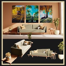 Blender 3D-rendered minimal interior scene with modern furniture and triptych wall art.