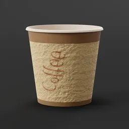 Realistic Blender 3D model of disposable textured coffee cup with embossed logo for digital design.