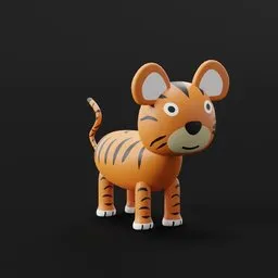 "Low-poly Tiger 3D model for Blender 3D - A playful and cheerful toy tiger standing on a black surface. Perfect for creating animations in the style of animals and mammals. Inspired by Sung Choi and Rajesh Soni. Rendered in Keyshot."