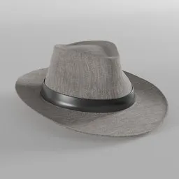 Highly detailed gray fabric 3D hat model with black band for Blender rendering.