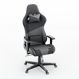 3D rendered black and gray fabric mesh gaming chair with a sleek, breathable design for comfort.