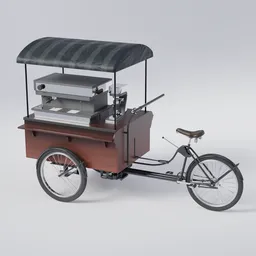 Mobile cafe 3D model featuring a detailed espresso machine on a tricycle setup, optimized for Blender rendering.