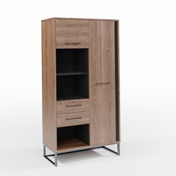 Detailed 3D rendering of a wooden living room shelf with drawers and compartments, Blender 3D model.