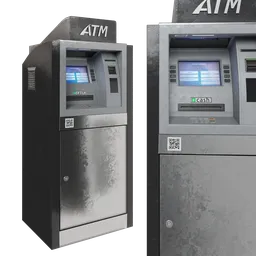 "Cityscape ATM machine in 3D rendered art, featuring metal texture and directional lighting by Andries Both for Blender 3D. Perfect for adding realistic storefronts to your game graphics with side and front views. Ideal for urban scenes and environments."