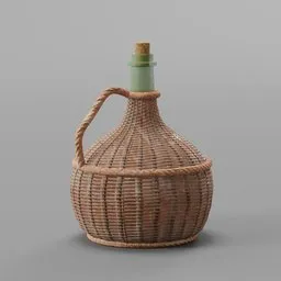 "Medieval market bottles with wicker design for Blender 3D: green-topped wicker bottle on a gray background. Inspired by Jacopo Bassano and Persian folktale artstyle. Perfect for adding an authentic touch to your medieval scenes."