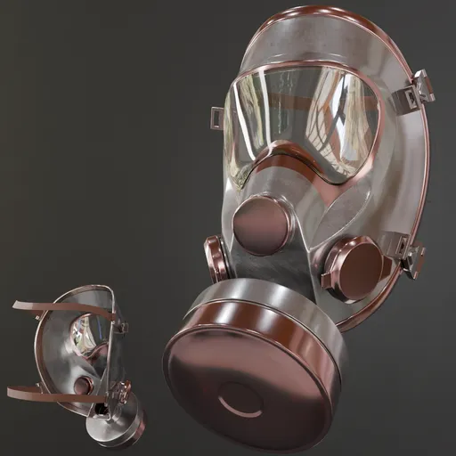 Low poly 3D gas mask model with high quality metal materials suitable for war game assets and Blender 3D projects.