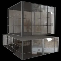 Realistic 3D model of a modern glass office with reflective surfaces and operational door for Blender rendering.