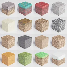 Assorted Blender 3D Minecraft-style blocks for easy terrain creation featuring dirt, sand, and various textured cubes.