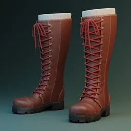 Detailed 3D modeled brown lace-up high boots with rugged soles, designed for Blender rendering and animation.