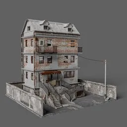 "Realistic abandoned house 3D model with broken windows, rust, and ruined walls, designed for Blender 3D. Made with high detail character models and inspired by Charles H. Woodbury, this sci-fi favela sculpture can be used as a video game asset for military outposts or destroyed buildings. Displacement is disabled for rendering speed, but can be enabled when needed."