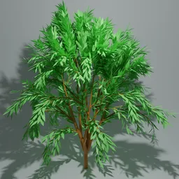 "3D model of a tree, rigged and with green leaves, perfect for game assets and scenario development in Blender 3D. Created with the Tree Gen addon and featuring Japanese maples and cannabis leaves, this stable diffusion AI model is great for adding realistic plant and tree elements to your project."