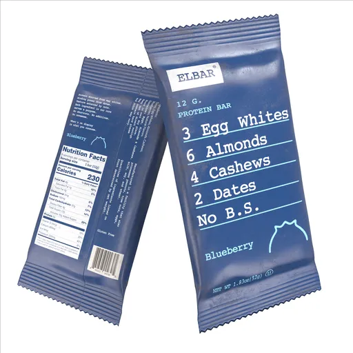 Detailed 3D Blender model of a blueberry-flavored protein bar with nutritional info, ideal for game assets.