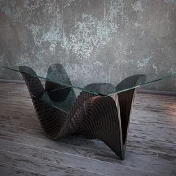 "Parametric Table Ridge V2: A modern 3D model for Blender 3D featuring a glass tabletop, wooden and metal base, with intriguing twisted shapes, and a beautifully crafted wooden frame. Designed by Parametr Studio, this table model offers impeccable smoothing for enhanced preview. Ideal for architects, designers, and 3D enthusiasts seeking a unique and moody atmosphere in their virtual showrooms."