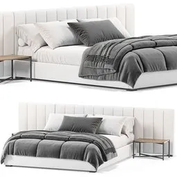 "Rh Modena fabric Vertical channel bed 3D model in Blender format, inspired by Gentile Tondino, with white headboard and black-and-white bedding. Rendered in Cycles with unbeatable quality, featuring full dynamic color and a top and side view. Bed dimensions measure 226 x 322 x 91 H in centimeters with 435,883 polygons."
