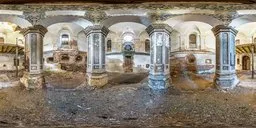 360-degree HDR panorama of dilapidated interior with arches and frescoes for realistic lighting in 3D scenes.